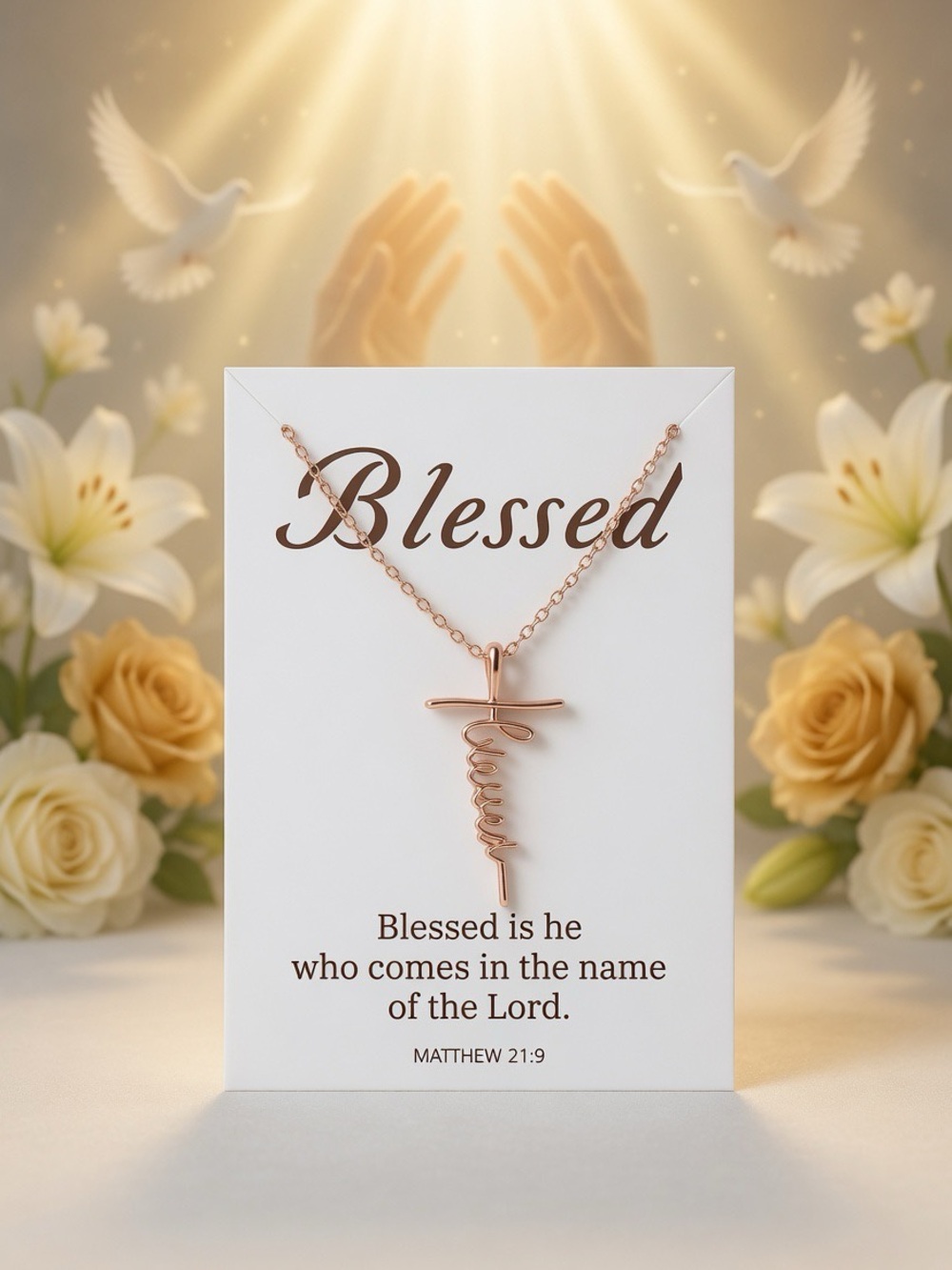 Blessed Cross Rose Gold Necklace - Matthew 21:9 Faith Jewelry
